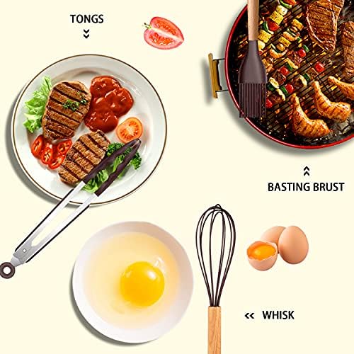 MIBOTE Silicone Cooking Kitchen Utensils Set, Wooden Handle