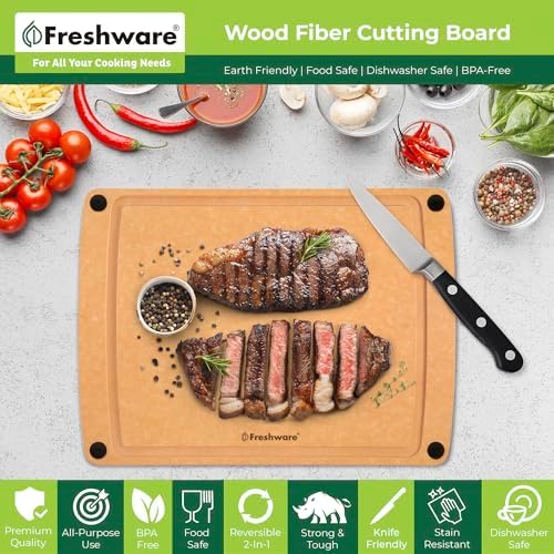 Freshware Wood Cutting Board for Kitchen, Juice Groove, Non-Slip Silicone Feet