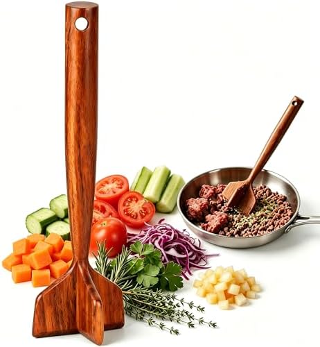 Teak Wooden Meat Masher Chopper, Wooden Ground Beef Masher, Hamburger Meat