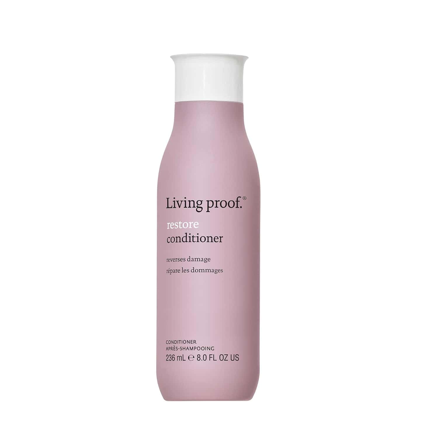 Living Proof Restore Conditioner 8oz bottle in dusty mauve with white cap.