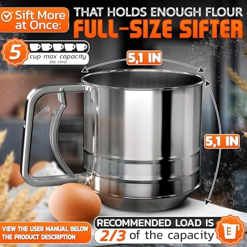 5 Cup Flour Sifter for Baking, Stainless Steel One-Hand Press