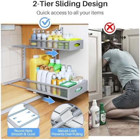 Under Sink Organizer, 2 Pack 2 Tier Pull Out Under Cabinet Organizer Shelf