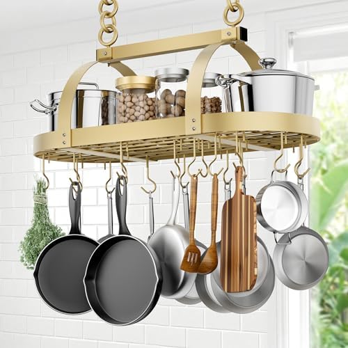 KES Gold 34 Inch Hanging Pot Rack, 100 LBS Capacity Heavy Duty Oval Pot and Pan