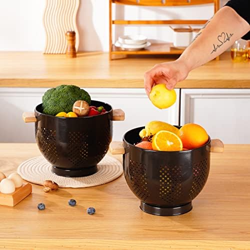 Metal Colander with Wood Handle and Stable Base, Powder Coated Steel Kitchen