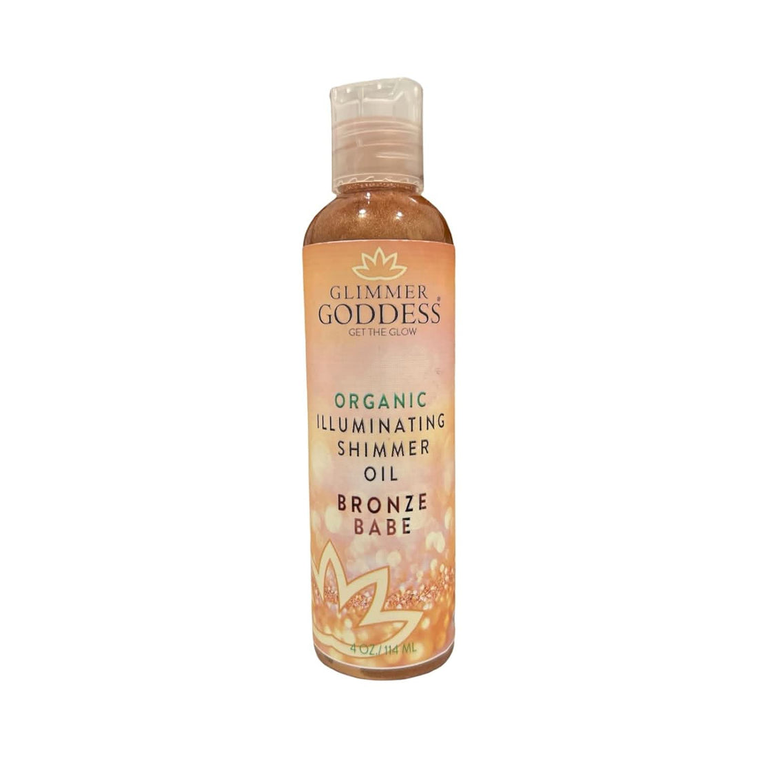 Bottle of Glimmer Goddess Bronze Babe Organic Illuminating Shimmer Oil with metallic bronze glow