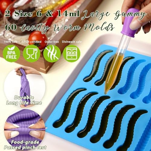 LUSHYUM 4PCS Large 6 ML & 14 ML Gummy Worm Moulds, 60 Total Cavities