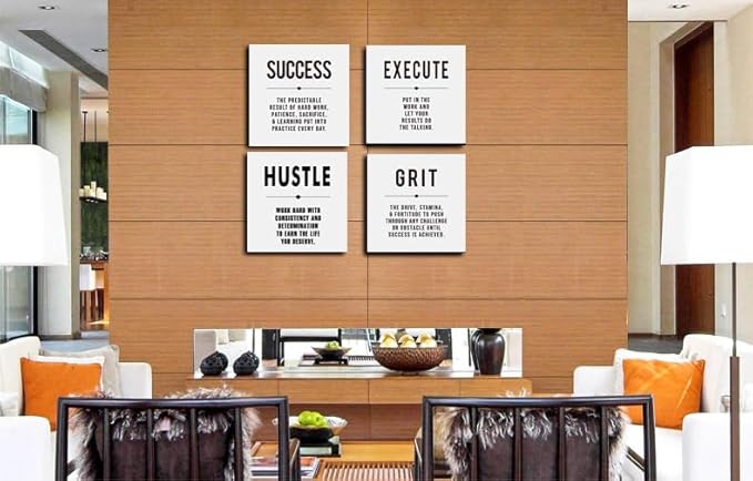 Motivational Grit Success Execute Hustle White Quotes Canvas Wall Art -Inspirational Wall Art Poster Canvas Artwork Picture Print Framed for Home Bedroom-12 x12 x4pcs