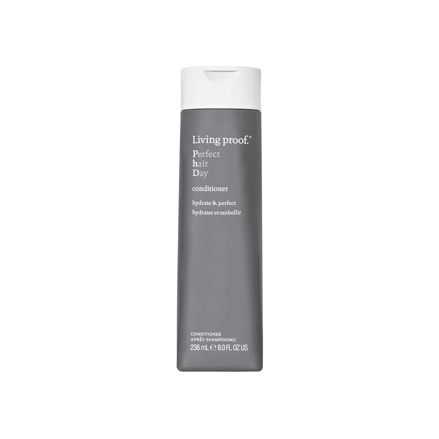 A neutral slate grey bottle of Living Proof Perfect Hair Day Conditioner with white typography on a clean background.