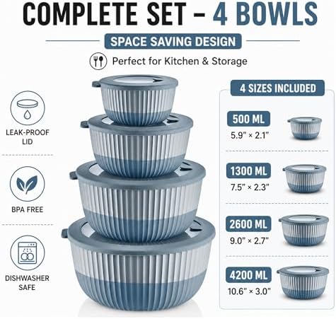 Plastic Mixing Bowls with Lids, 8-Piece Airtight Leak-Proof Nesting BPA-Free