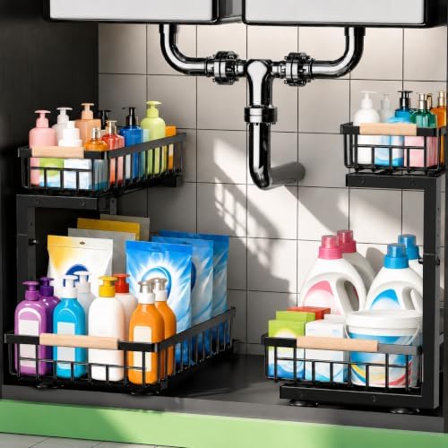 Under Sink Organizer 2 Pack, Double Slide Out Metal Shelf