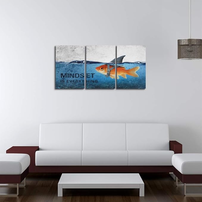 3 Panels Modern Framed Inspirational Canvas Wall Art Goldfish Body Strong Shark Heart Mindset is Everything Motivational Wooden Decor Posters for Office Gym Classroom Home Decoration(48''W x 24''H)