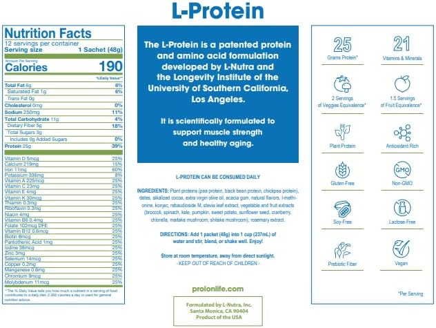 Prolon Longevity Plant Based Protein Powder | Muscle Synthesis & Repair, Healthy Aging, Boost Performance | Vitamins, Gluten Free, Amino Acids, Antioxidants | 25g of Protein | Chocolate, 24 Packets