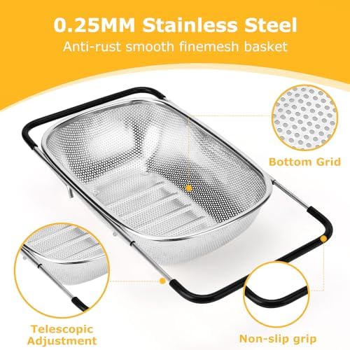 ZDRongZhen Kitchen Accessories Over the Sink Colander Strainer Basket，Stainless