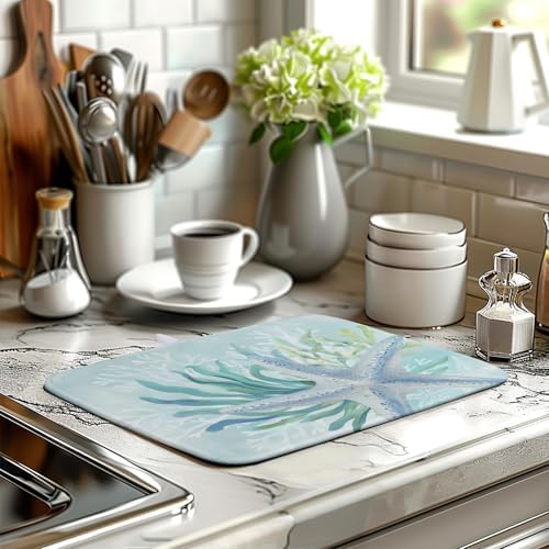 Summer Coastal Dish Drying Mat for Kitchen Counter Nautical Beach Starfish