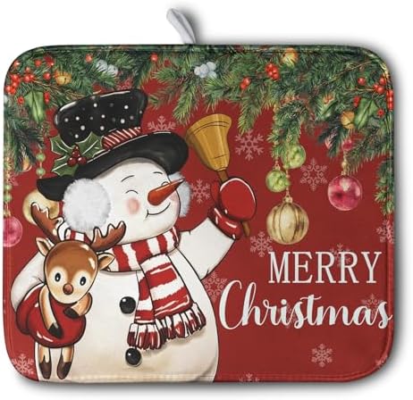 Christmas Dish Drying Mats for Kitchen Counter 16x18 Cute Snowman Red Dish