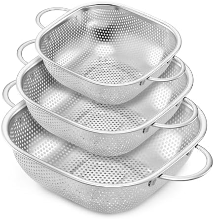 E-far Stainless Steel Colander Set of 3, Square Strainers and Colanders