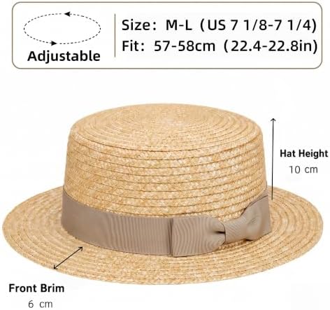 Classic Straw Boater Hat for Men and Women, Vintage Skimmer Flat Top Hat