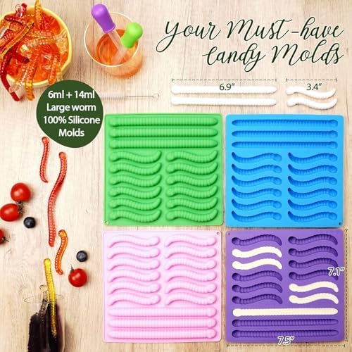 LUSHYUM 4PCS Large 6 ML & 14 ML Gummy Worm Moulds, 60 Total Cavities