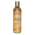 Close up of 24KT Gold Illuminating Shimmer Oil bottle with golden glow highlights on skin