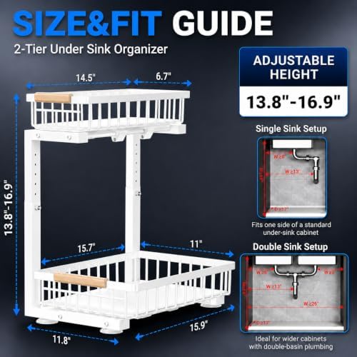 Under Sink Organizer 2 Pack, Double Slide Out Metal Shelf