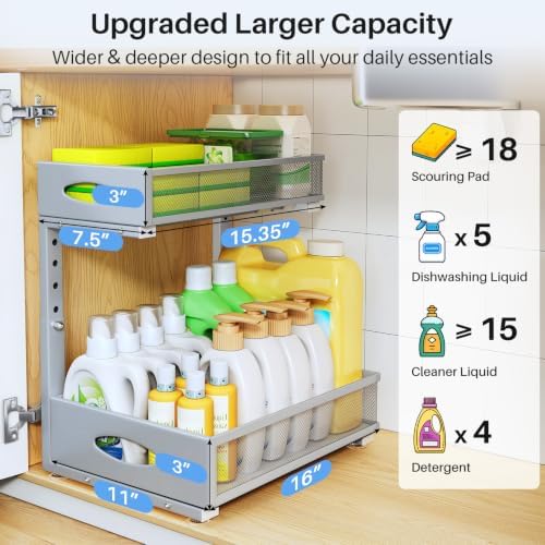 Under Sink Organizer, 2 Pack 2 Tier Pull Out Under Cabinet Organizer Shelf