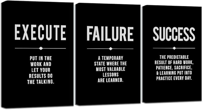 Framed Canvas Wall Art Success Quote, Office Wall Art, Black Large Poster, Positive Motivational Set of 3 Prints, Execute Failure Definition, Inspirational Print (A-3pcs,20x30inchx3pcs)