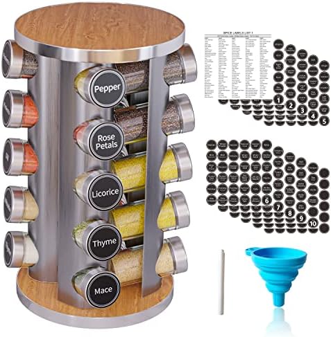 Revolving Spice Rack Set with 20 Spice Jars, Kitchen Spice Tower Organizer
