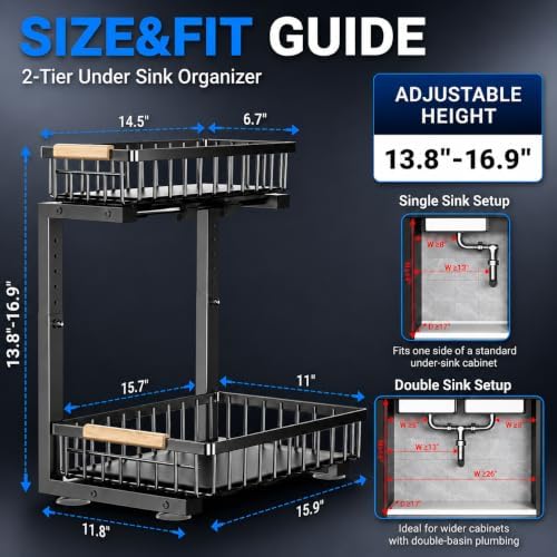 Under Sink Organizer 2 Pack, Double Slide Out Metal Shelf