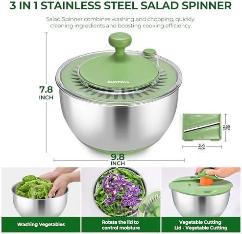 SUSTEAS Stainless Steel Salad Spinner, Lettuce Spinner