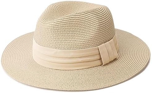 DRESHOW Women Straw Panama Hat Travel Fedora Beach Sun Hat Summer Wide Brim