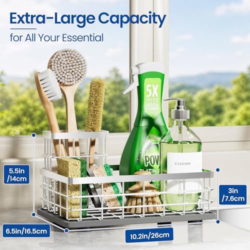 Extra Large Sink Caddy with Drying Stone, Sponge & Brush Holder