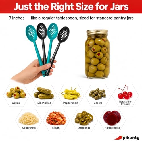 Olive and Pickle Spoon Set of 4, 7-Inch Small Slotted Serving Utensils