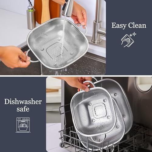 E-far Stainless Steel Colander Set of 3, Square Strainers and Colanders
