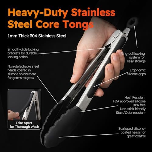 HST Tongs for Cooking with Silicone Tips 3 Pack, Kitchen Tongs