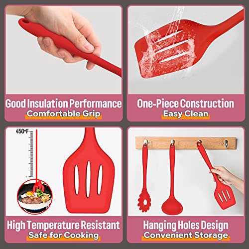 Silicone Cooking Utensils Set, E-far 7-Piece Red Heat Resistant Kitchen