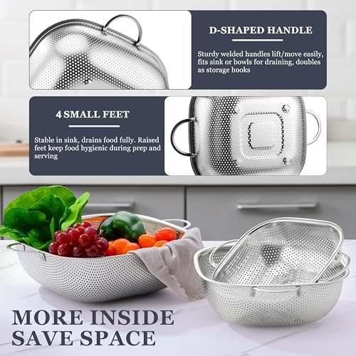 E-far Stainless Steel Colander Set of 3, Square Strainers and Colanders