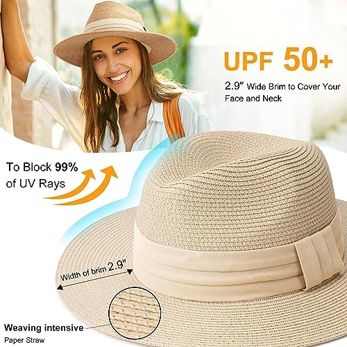 DRESHOW Women Straw Panama Hat Travel Fedora Beach Sun Hat Summer Wide Brim