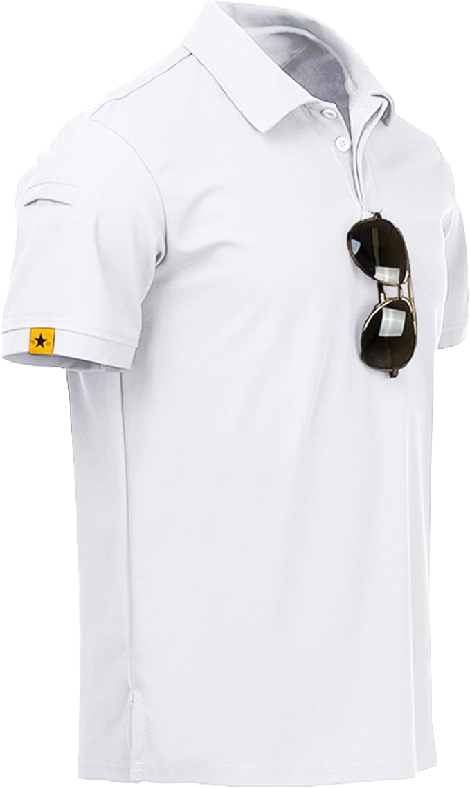 Men wearing a performance tactical golf polo shirt with ring buckle detail and moisture-wicking fabric.