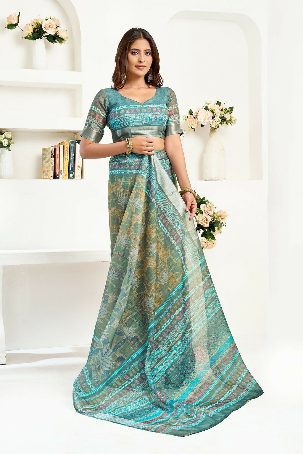Petrol Linen Ready to Wear Saree with Ethnic Motifs and Blouse