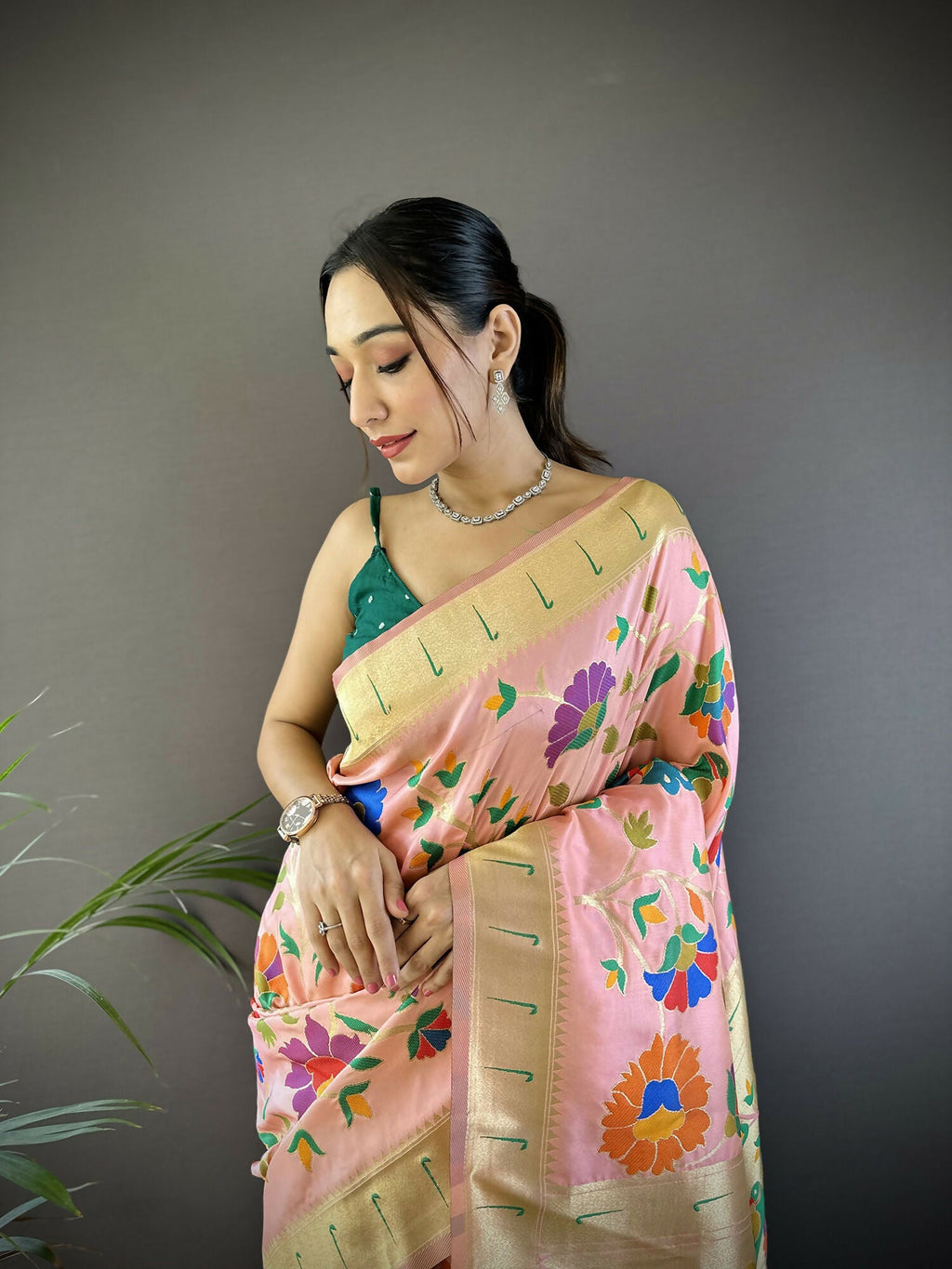 Peach Zari Woven Floral Motifs Soft Silk Paithani Saree