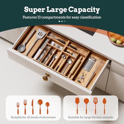 Silverware Organizer Large, Magnetic Connected Expandable 13 Slots Silverware