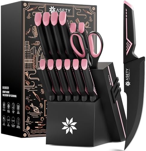 ASETY 15 PCS Knife Set with Block and Sharpener, Dishwasher Safe