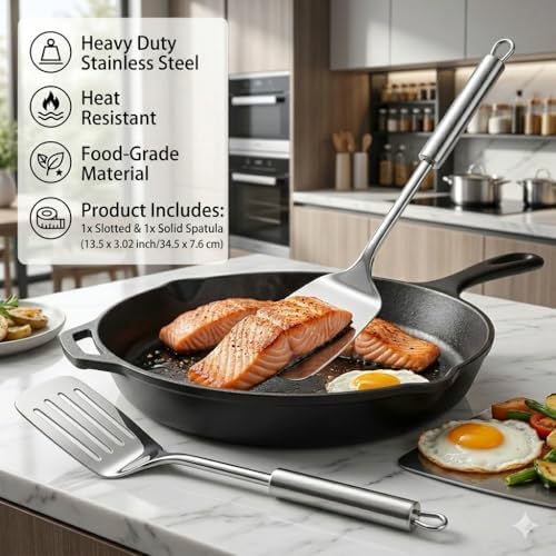 Silver Spatula Set, 13.5-inch Stainless Steel Solid & Slotted Spatula Turner