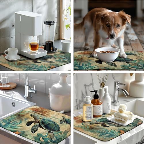 Sea Turtle Dish Drying Mat for Kitchen Counter Vintage Ocean Animal Microfiber