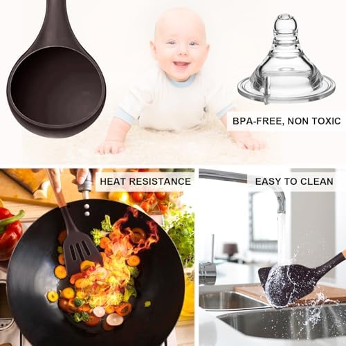MIBOTE Silicone Cooking Kitchen Utensils Set, Wooden Handle