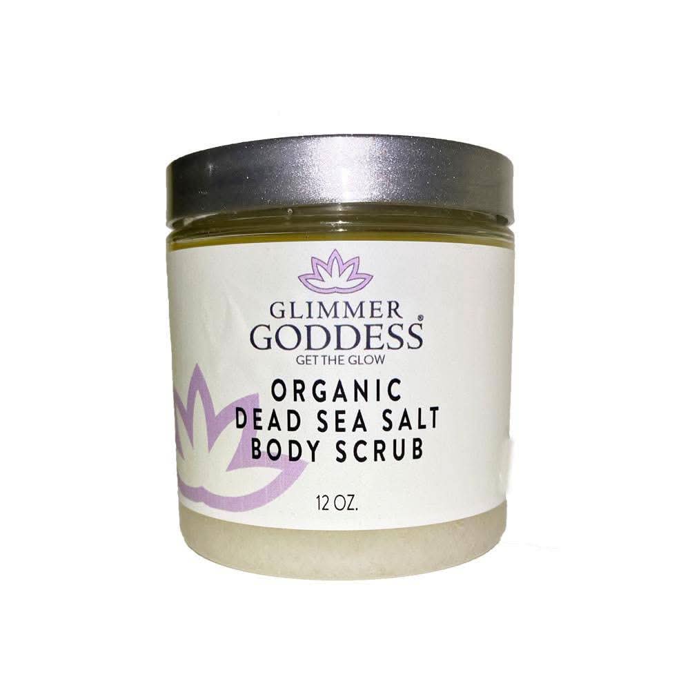 Glimmer Goddess Organic Arabica Coffee and Dead Sea Salt body scrub in a jar