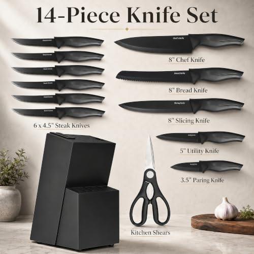 LINHAO 14-Piece Black Kitchen Knife Block Set