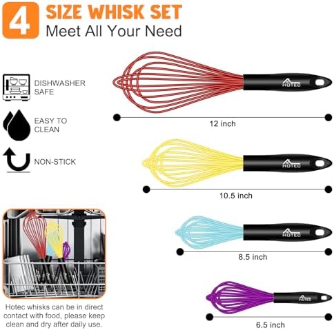 HOTEC 4 Pieces Silicone Whisks Set, Wire Balloon Whisks
