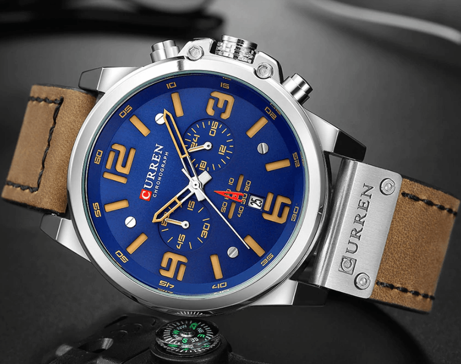 Retro Waterproof Chronograph Watch with Leather Strap & Steel Case