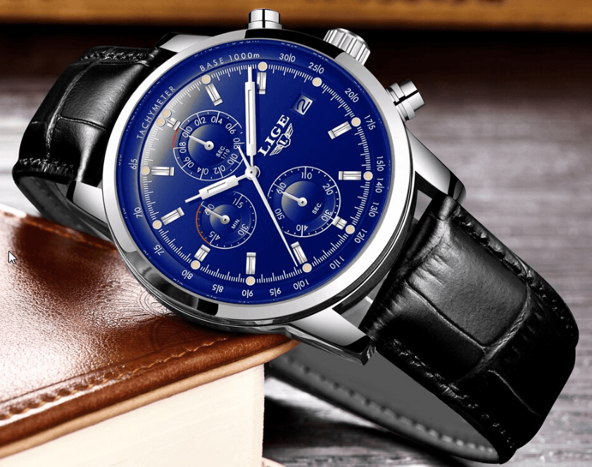 Waterproof Men's Quartz Watch with Chronometers and Brown Strap